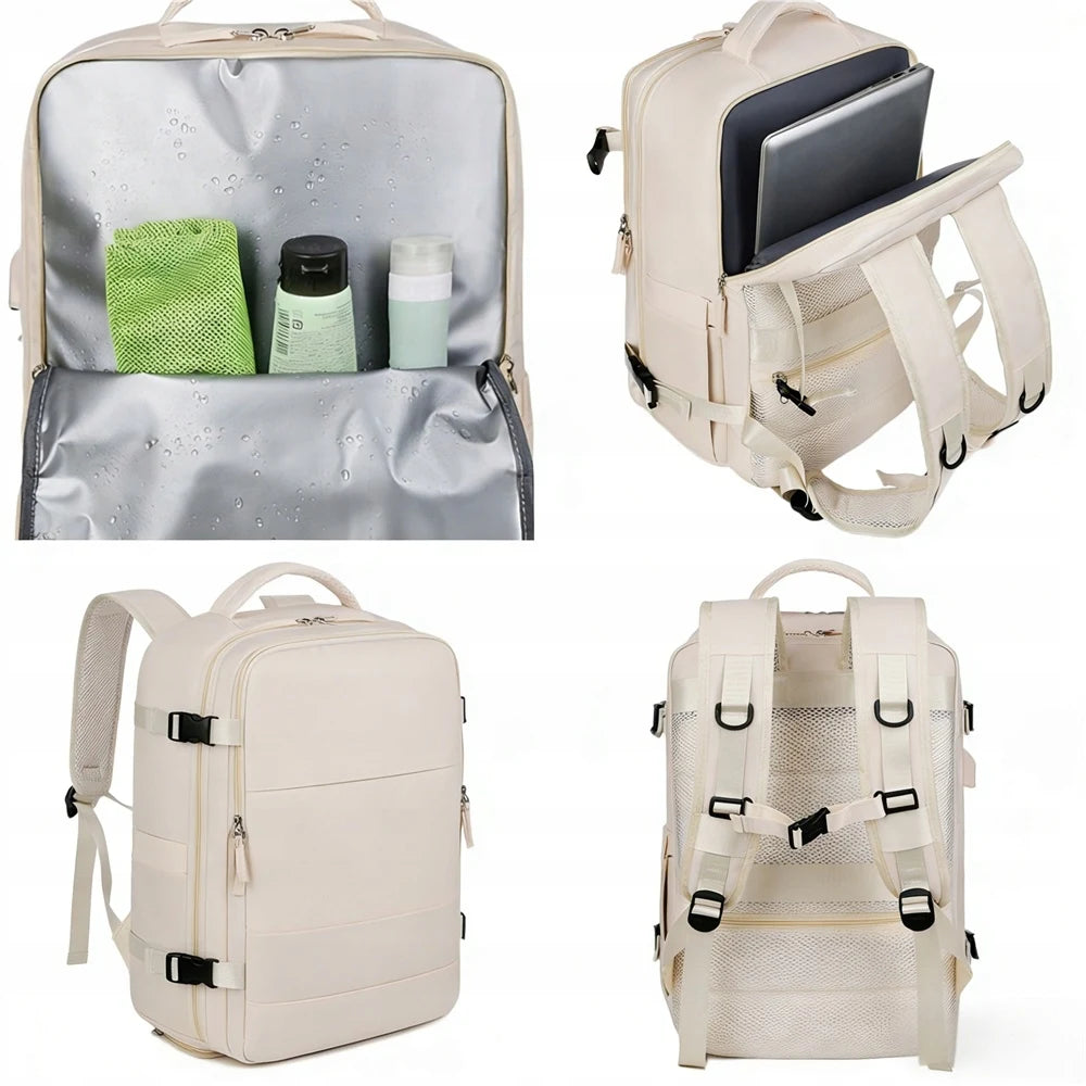 Vues avant et arrière du sac crème et détails des compartiments