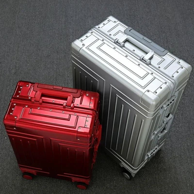 Valise à roulettes argentée — alliage aluminium-magnésium