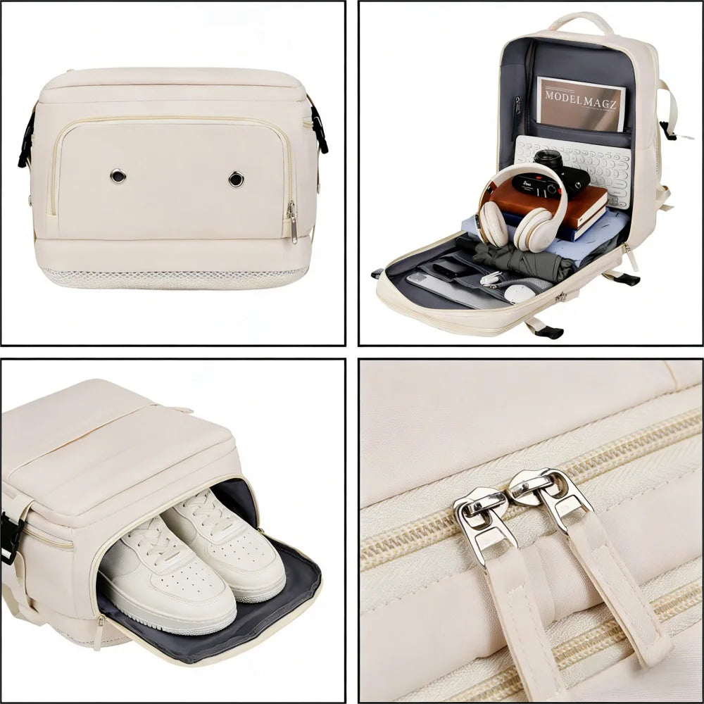 Ouverture à 180°, rangement pour chaussures et fermeture éclair du sac crème
