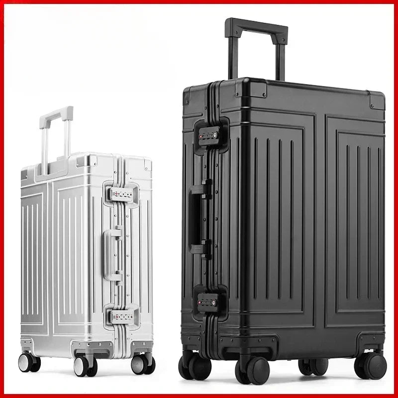 Valise à roulettes argentée — alliage aluminium-magnésium