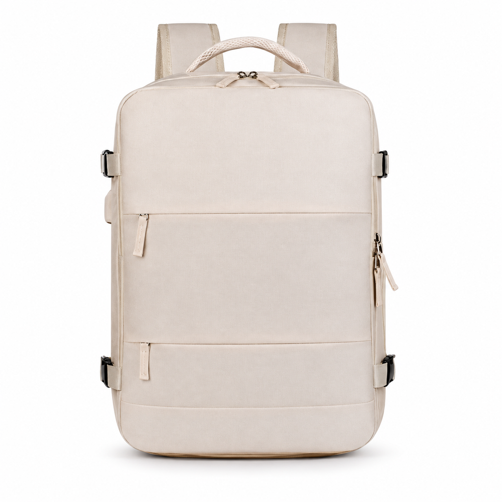 Sac à dos de voyage crème, vue de face sur fond blanc