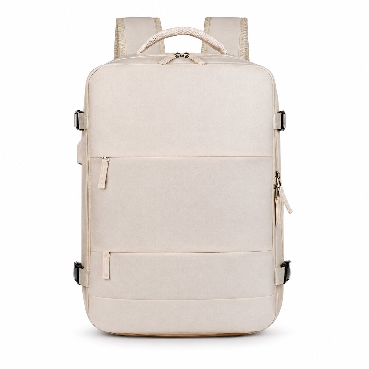 Sac à dos de voyage crème, vue de face sur fond blanc
