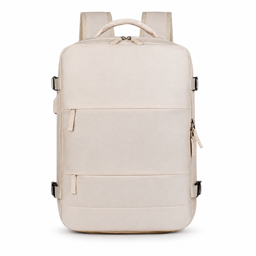 Sac à dos de voyage crème, vue de face sur fond blanc